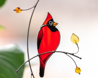 Bird Sun Catcher 8”X 9” 100%Glas Cardinal With Bat - Stained Glass 