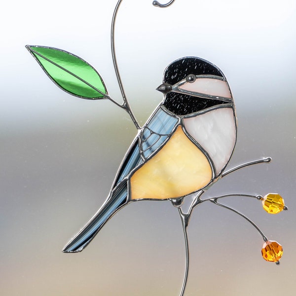 Chickadee stained glass bird suncatcher Unique gift for mom window hangings Spring decor