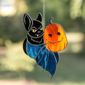 Halloween artwork stained glass window hangings Halloween gift Glass pumpkin decor Custom stained glass Halloween decoration