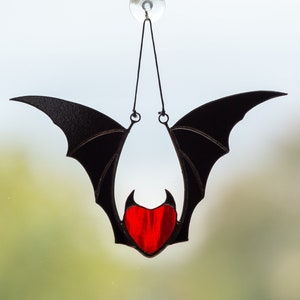 Valentine stained glass heart suncatcher goth home decor Stained glass bat honeymoon gifts Halloween decor Black