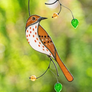 Brown thrasher stained glass window hangings Mothers Day gift Custom stained glass fairy garden accessories Stained glass bird suncatcher