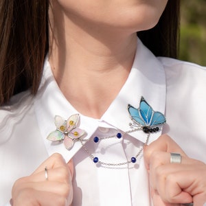 Morpho butterfly stained glass jewelry Mothers Day gifts Custom stained glass flower brooch Butterfly brooch pin