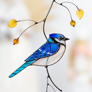 Blue jay stained glass bird suncatcher Mothers Day gift  Blue jay feathers Custom stained glass window hangings Blue jay art