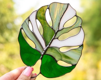 Variegated monstera stained glass plant Mothers Day gift Custom stained glass window hangings Glassmasters stained glass suncatcher