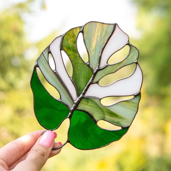 Variegated monstera stained glass plant Mothers Day gift Custom stained glass window hangings Glassmasters stained glass suncatcher