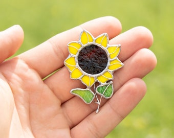 Stained glass sunflower pin Mothers Day gift Ukrainian jewelry Sunflower brooch Ukraine pin Stained glass flower brooch