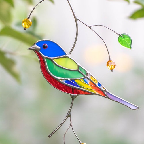 Indigo Bunting Stained Glass Window Hangings Christmas Gifts Etsy