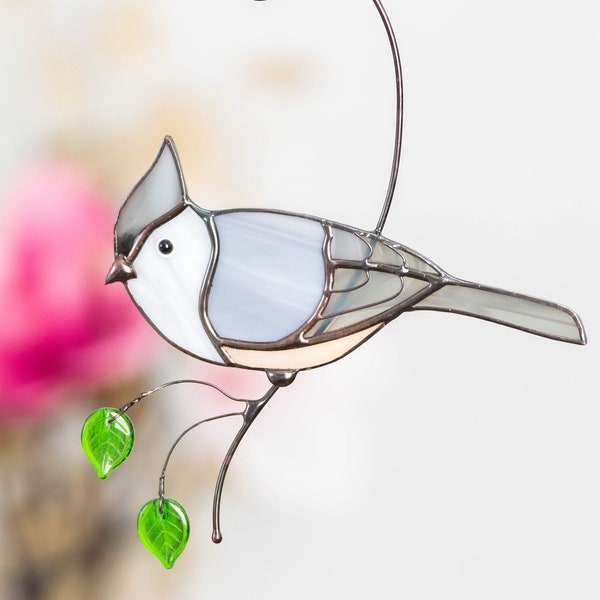 Tufted titmouse stained glass window hangings Mothers Day gift Stained glass bird suncatcher Fairy garden decor Fathers Day gifts