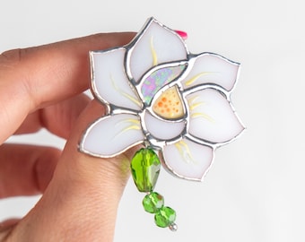 White lotus stained glass jewelry Mothers Day gifts Custom stained glass plant Lotus flower art Stained glass plant pin