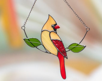 Cardinal bird stained glass window hangings Mothers Day gift  Sympathy gift Custom stained glass bird suncatcher Cardinal memorial ornament