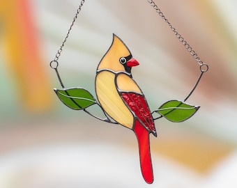 Cardinal bird stained glass window hangings Mothers Day gift  Sympathy gift Custom stained glass bird suncatcher Cardinal memorial ornament