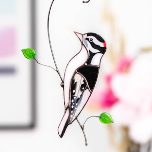 Downy woodpecker stained glass window hangings Mothers Day gift Custom stained glass bird suncatcher Fairy garden decor