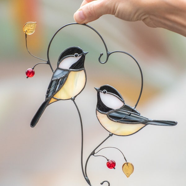 Couple de mésanges attrape-soleil en verre teinté cadeau fête des mères oiseau vitrail tentures cadeaux fête des pères