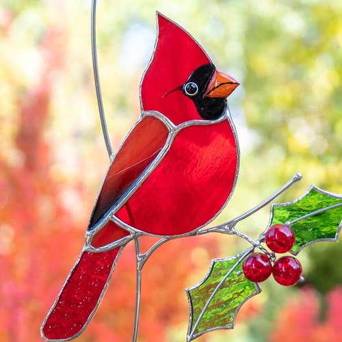 Cardinal Stained Glass Window Hangings Christmas Stained Glass Etsy