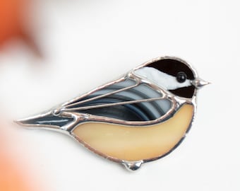 Stained glass bird brooch Mothers Day gift Chickadee stained glass jewelry Custom stained glass brooch Modern stained glass handmade jewelry