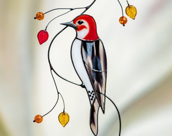 Woodpecker stained glass window hangings Mothers Day gift Custom stained glass bird suncatcher Glassmasters stained glass decor