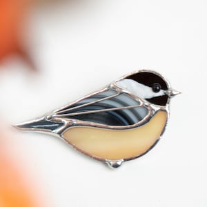 Stained glass bird brooch Mothers Day gift Chickadee stained glass jewelry Custom stained glass brooch Modern stained glass handmade jewelry