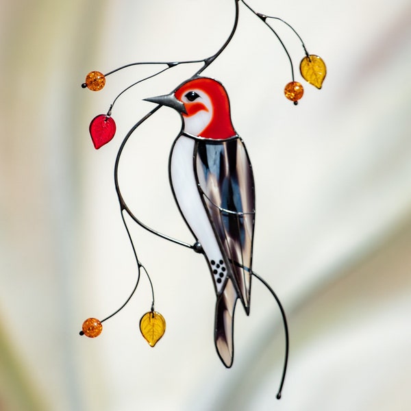 Woodpecker stained glass window hangings Mothers Day gift Custom stained glass bird suncatcher Glassmasters stained glass decor