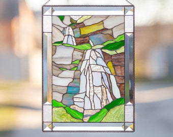 Waterfall stained glass panel Mothers Day gift Custom stained glass window hangings mountain wall decor Fathers Day gifts