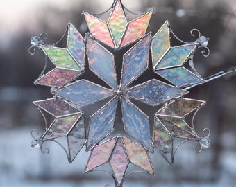 Stained glass ornament Snowflake suncatcher Modern stained glass window hangings Christmas vacation decor Custom stained glass suncatcher