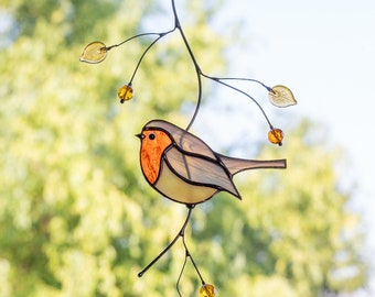 Modern stained glass window hangings Christmas Present Robin bird Stained glass bird suncatcher House warming gifts new home