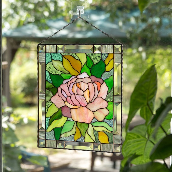 Peony stained glass window hangings Mothers Day gift Custom stained glass flower decor Modern stained glass panel Fathers Day gifts