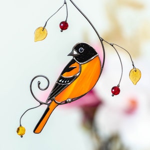 Baltimore oriole stained glass bird suncatcher