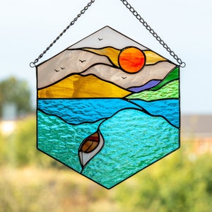 Sea stained glass window hangings Mothers Day gifts Custom stained glass panel with boat Fathers Day gifts