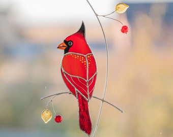 Attrape-soleil cardinal en vitrail Cadeau fête des mères Cadeau de deuil Ornement commémoratif cardinal en vitrail personnalisé Cadeaux fête des pères