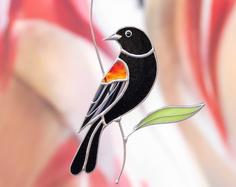 Red winged blackbird stained glass bird suncatcher Mothers Day gift Custom stained glass art Fathers Day gifts