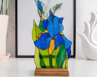 Iris stained glass plant Mothers Day gift Office desk accessories for women Custom stained glass flower panel Iris plants