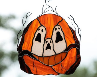 Halloween stained glass pumpkin decor Halloween gift Custom stained glass window hangings Halloween artwork