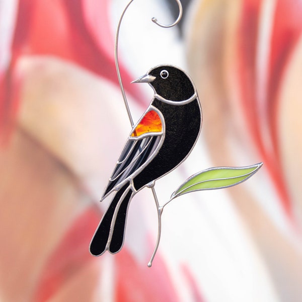 Red winged blackbird stained glass bird suncatcher Mothers Day gift Custom stained glass art Fathers Day gifts