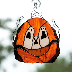 Halloween stained glass pumpkin decor Halloween gift Custom stained glass window hangings Halloween artwork