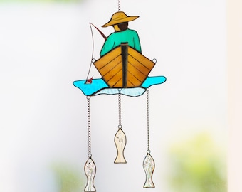 Grandpa fathers day gift stained glass suncatcher - Lake house decor - Fishing gifts for men stained glass window hangings