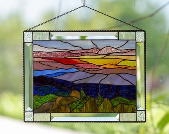 Custom stained glass window hangings Mothers Day gift Blue Ridge Mountains stained glass panel Modern stained glass art