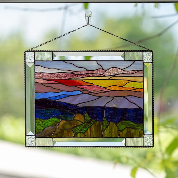 Custom stained glass window hangings Mothers Day gift Blue Ridge Mountains stained glass panel Modern stained glass art