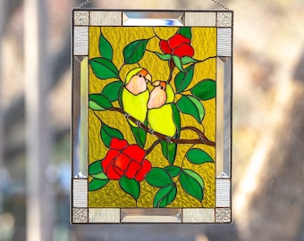 Lovebirds stained glass window panel Mothers Day gift Parrot art Custom stained glass window hangings decor Fathers Day gifts