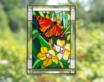 Monarch butterfly stained glass panel Mothers Day gift Stained glass window hangings parent wedding gift