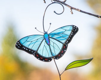 Décoration de vitrail papillon Morpho, cadeau fête des mères, attrape-soleil en vitrail papillon, cadeaux de fête des pères