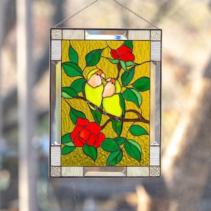 Lovebirds stained glass window panel Christmas gifts mom Parrot art Custom stained glass window hangings decor 6th anniversary gift