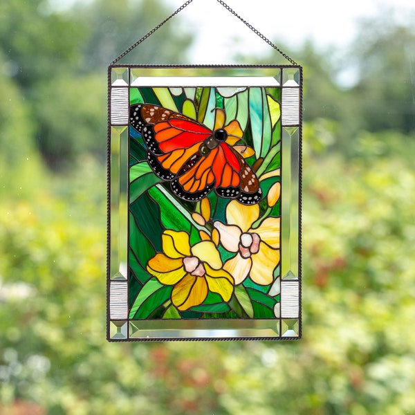 Monarch butterfly stained glass panel Mothers Day gift Stained glass window hangings parent wedding gift