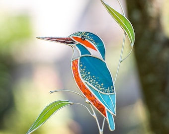 Kingfisher stained glass window hangings Mothers Day gift Custom stained glass bird suncatcher