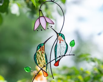 Hummingbird stained glass bird suncatcher Mothers Day gift Hummingbird wall art Custom stained glass window hangings  Stained glass plant