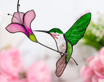 Hummingbird stained glass bird suncatcher Mothers Day gifts Custom stained glass window hangings Hummingbird gifts Fathers Day gifts