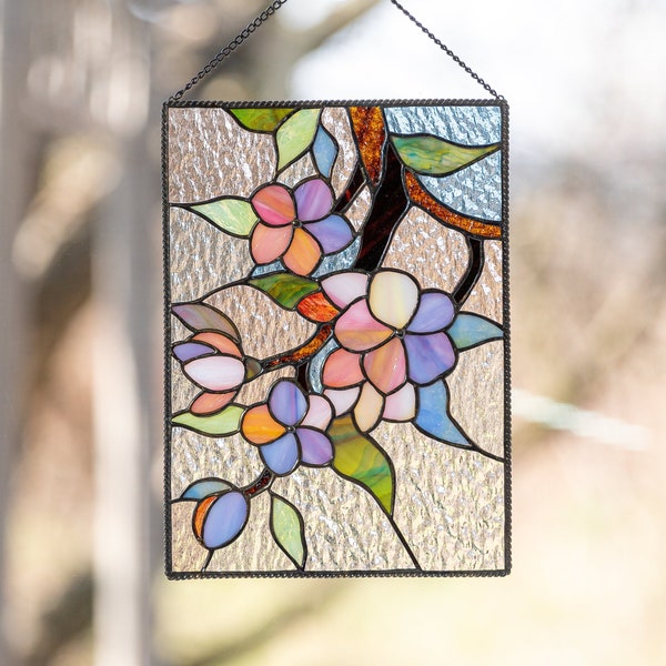 Cherry blossom stained glass window panel Christmas gifts Sakura flower stained glass art