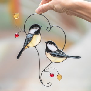 Couple of chickadees stained glass suncatcher Godmother gift Bird wall art image 1