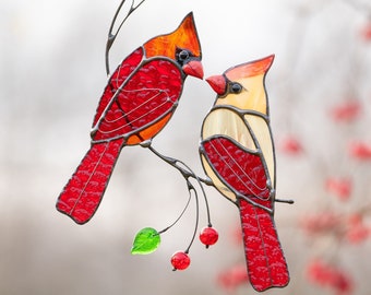 Cardinals stained glass suncatcher Mothers Day gift Bird stained glass window hangings decor