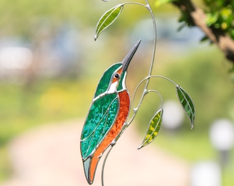 Stained glass bird suncatcher Mothers Day gifts Custom stained glass kingfisher art Fathers Day gifts Kingfisher stained glass light catcher