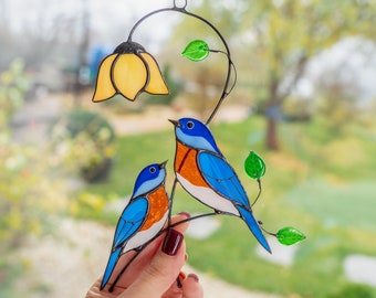 Stained glass bird suncatcher Custom stained glass ornaments Mothers Day gift Bluebird stained glass window hangings Stained glass plant